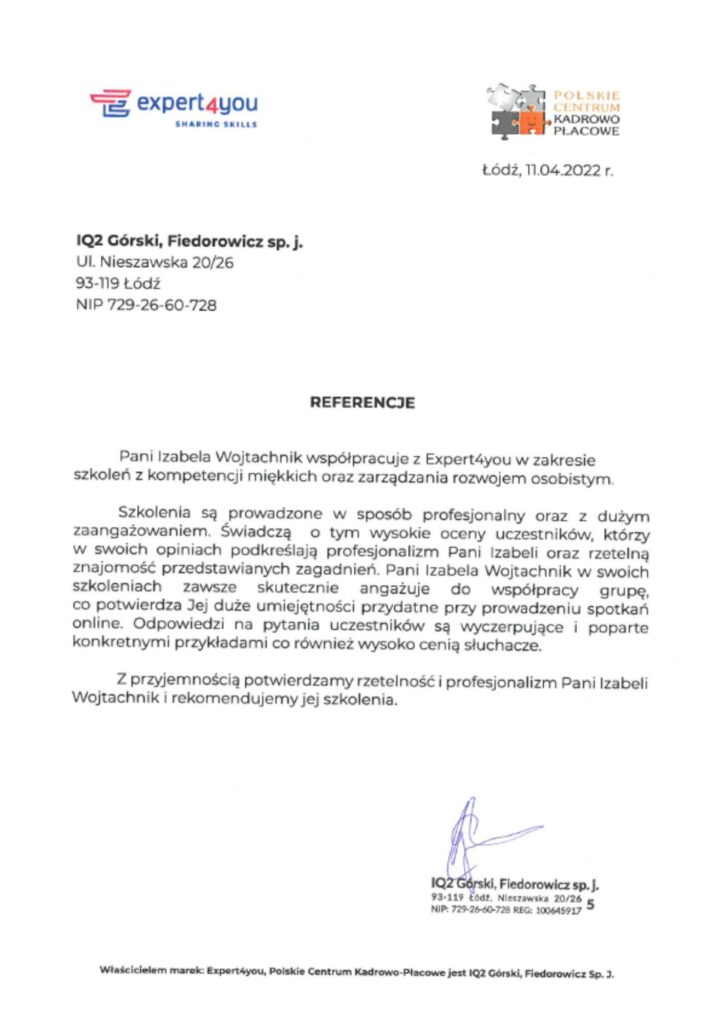 Rekomendacje szkolenia Izabela Wojtachnik